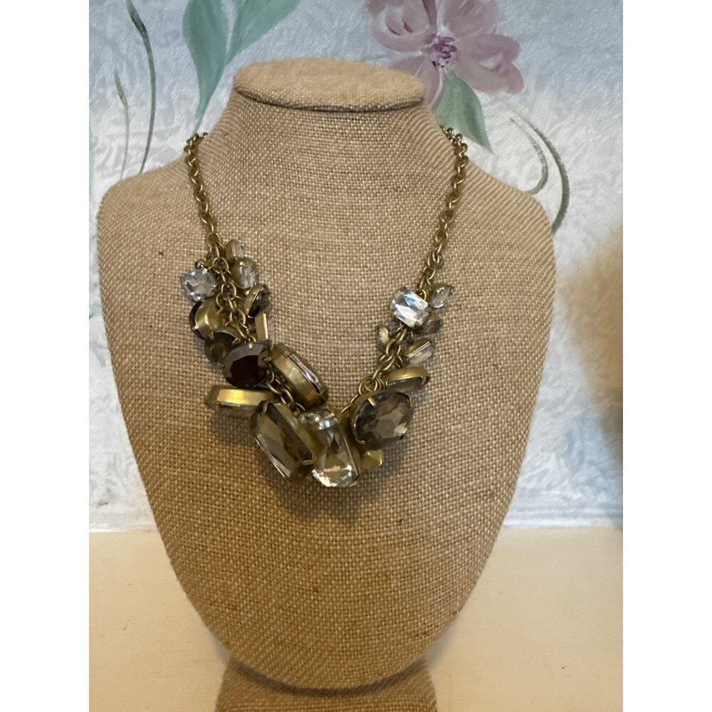 Chunky Vintage Necklace With Large Clear & Smoky Crystals On Gold-Tone Chain